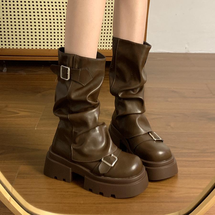 Brown Versatile Thick-soled Heightening Martin Boots Women's New Spring and Autumn Winter Retro Mid-boots