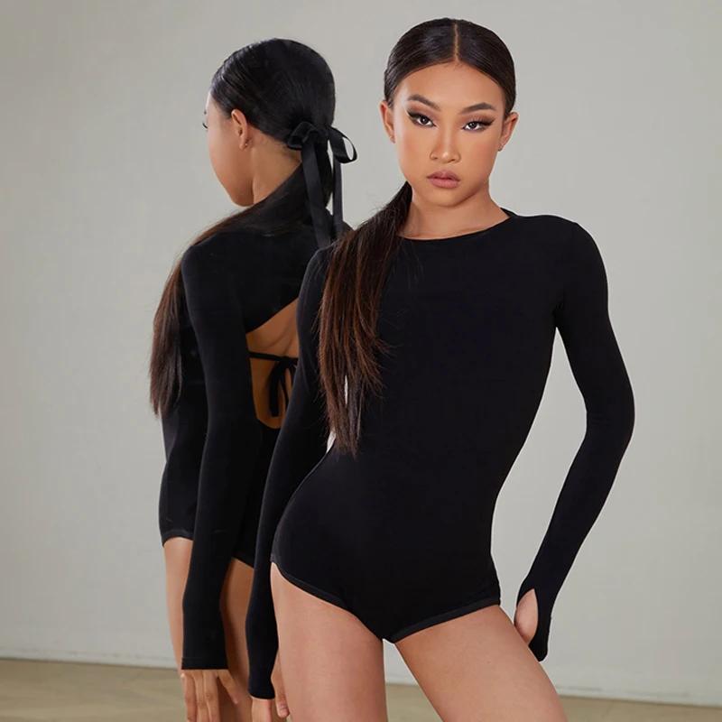 Latin Dance Dress Suit Costume for Girls Black Sexy Backless Bodysuit Chacha Rumba Tango Training Skirt Kids Dance Wear