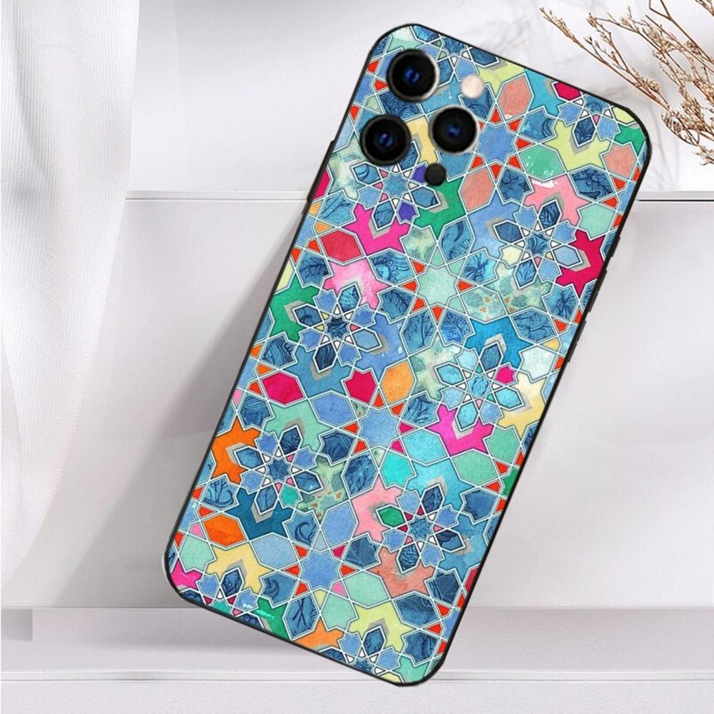 M-Moroccan Tile Phone Case For iPhone 16,15,14,13,12,11 Plus,Pro Max,XS,X,XR,SE,Mini,8,7 Soft Silicone Black Cover