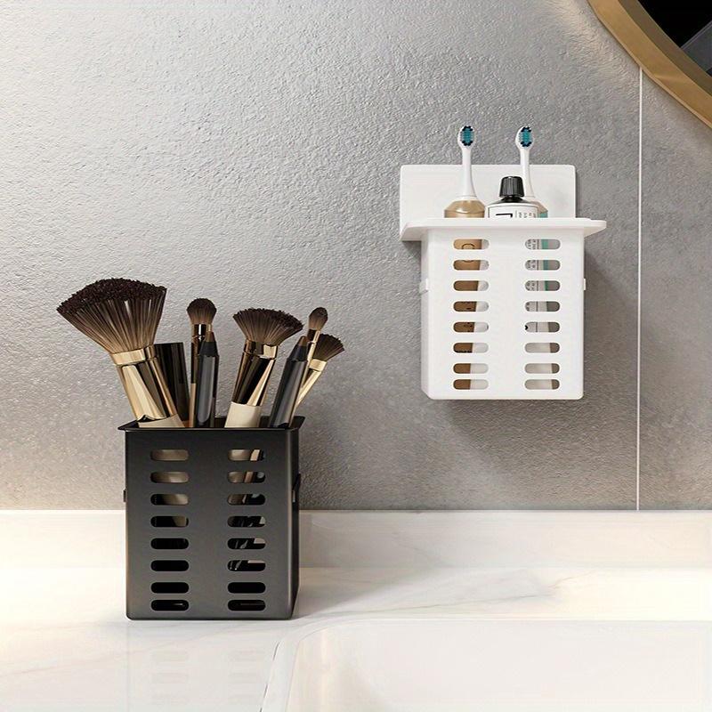 Multi-Purpose Wall-Mounted Storage Rack for Toothbrushes Makeup Tools Black White Modern Design No Drill Installation Adhesive Hooks Adjustable