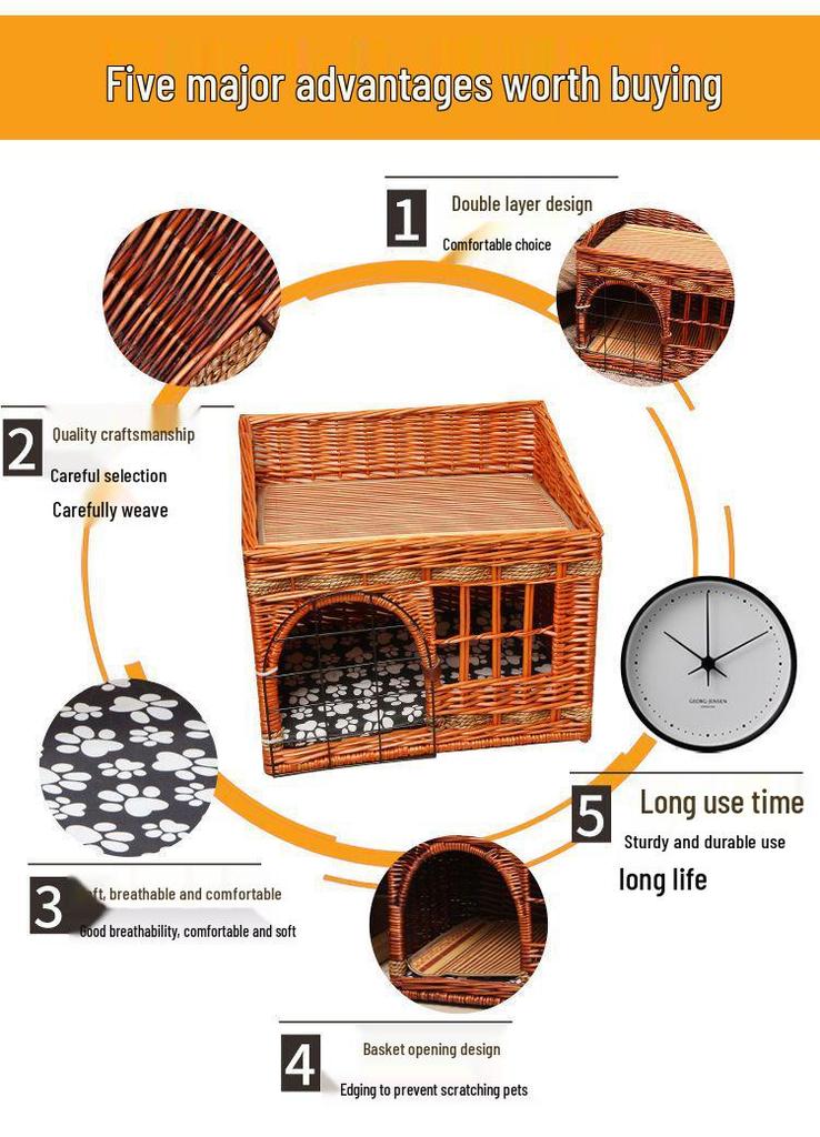 Four Seasons Universal Cat House – Enclosed Rattan Weaving Villa for Cats