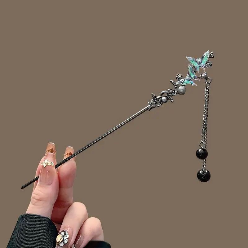 Chinese Style Flower Tassel Hairpin Vintage Floral Pearl Hair Stick Exquisite Elegant Metal Jewelry Hair Accessory