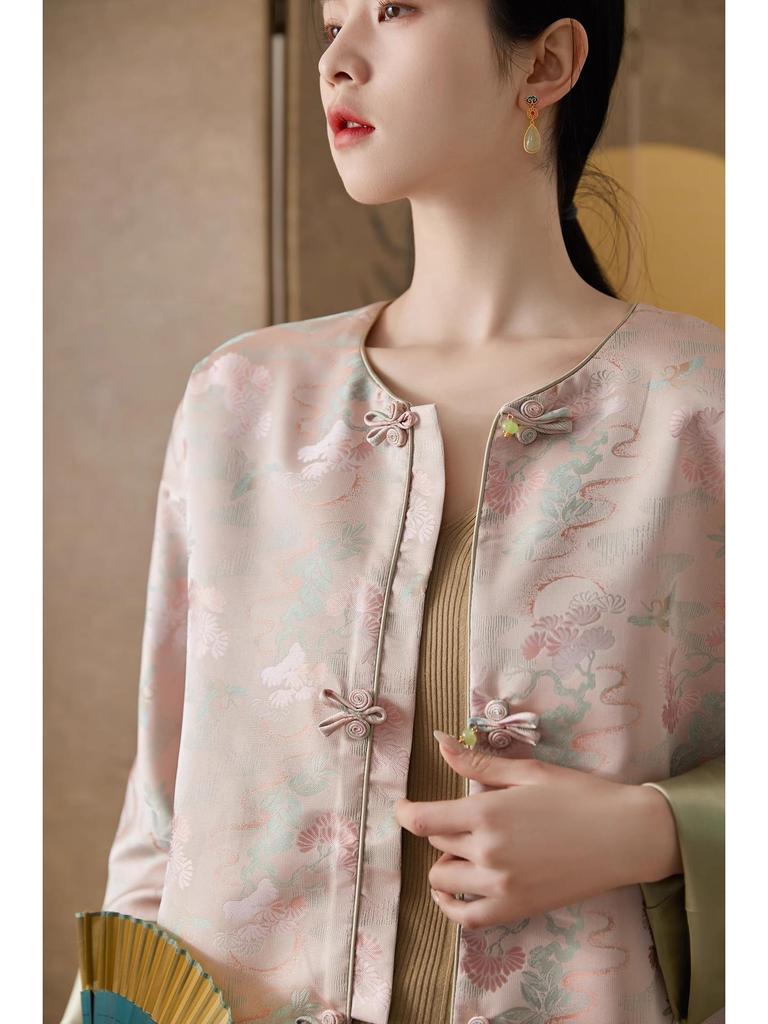 Veste Songjin Jacquard Rétro-Élégante Printemps 2024 à Double Boutonnage