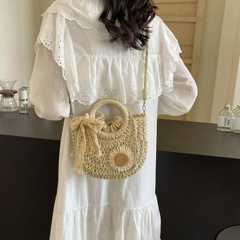 Yogodlns Women Straw Summer Beach Small Drawstring Shoulder Bag Fashion Woven Floral Decor Travel Half-moon Crossbody Bag