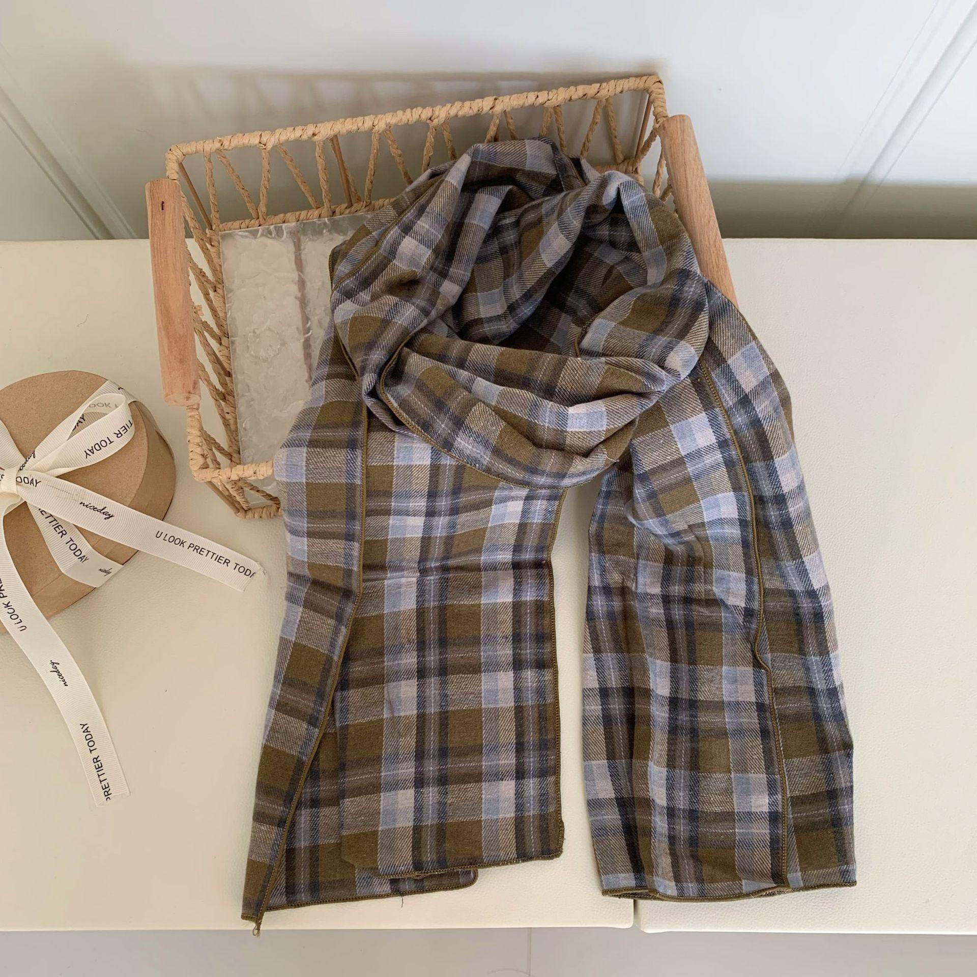 Korea Dongdaemun pure cotton plaid scarf unisex student versatile warm ins wind long silk scarf soft waxy 30-160