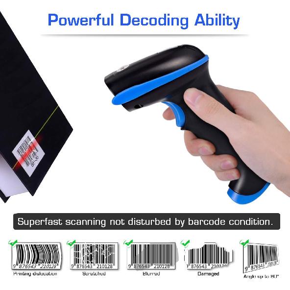 WoneNice Barcode Scanner Wireless 2-in-1 (2.4Ghz Wireless+USB 2.0 Wired) Handheld Bar Code Scanner Reader (Blue)