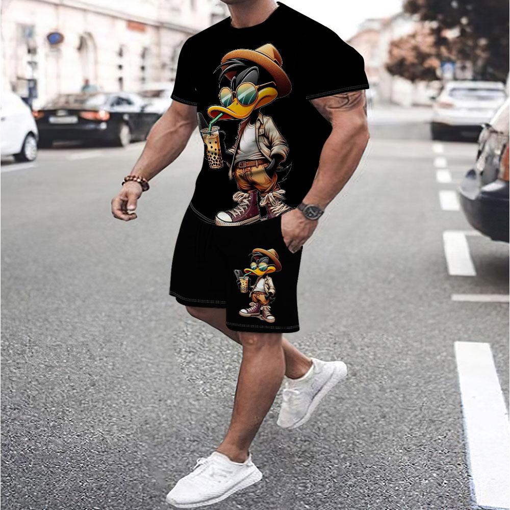 

Забавный мужской комплект футболка и брюки с мультяшным принтом утки, летняя повседневная футболка с коротким рукавом, пуловер, уличная мужская одежда оверсайз 4XL