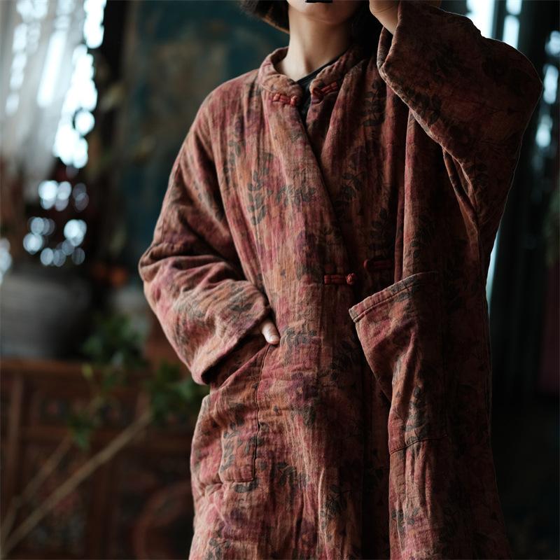 Johnature Paltoane vintage pentru femei cu imprimeu din in stil chinezesc de primăvară cu mâneci întregi largi retro, cu gâtul în formă de bumbac, parkas calde