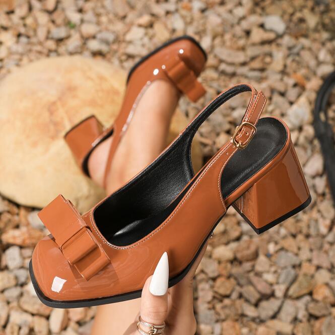 Size36-45 Women Slingback Chunky Heel Comfort Square Toe Pumps Mary Jane Baotou Women Sandals Summer Thick Heels High Heel Shoes