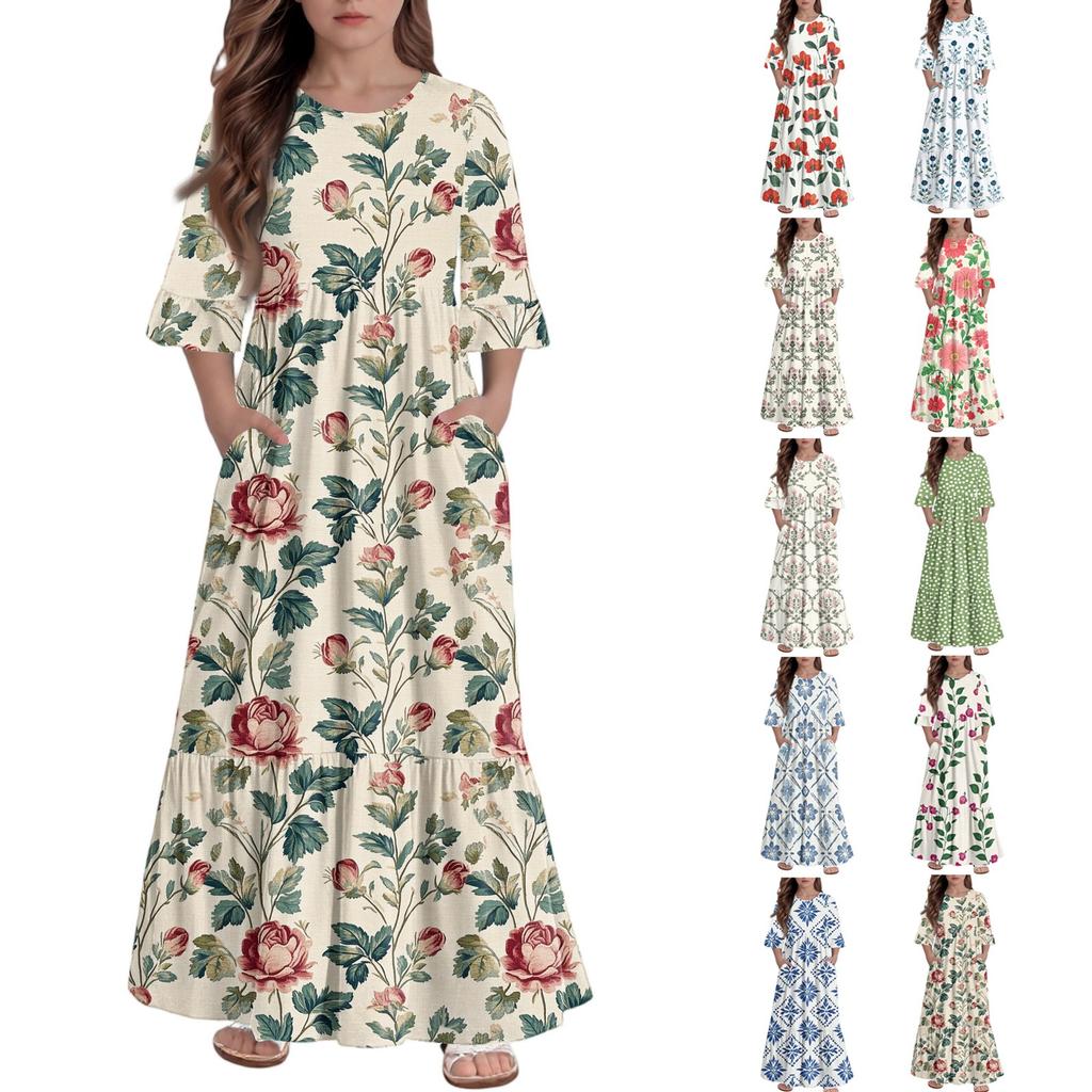 Girls' Tiered Ruffle Dress - 3/4 Sleeve Pocket Maxi With Pockets