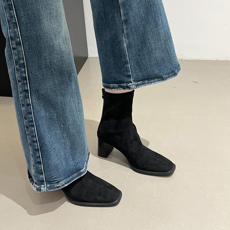 Fashionable New Square Head Sexy Suede Casual Work Boots for Winter Comfortable Zipper Banquet Elegant High Heels Women's Boots