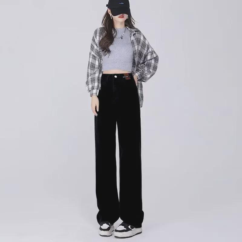 Women's Black High-Waist Wide-Leg Jeans - Floor-Length, Plush Lining, Warm, Loose Fit