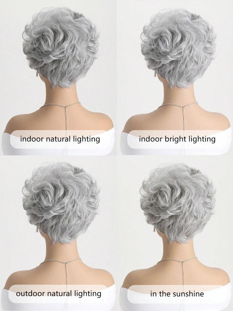 Syntetisk Dam Silvergrå 10 tum Lockig Kort Peruk Mjuk Värmetålig Naturlig Peruk med Lugg