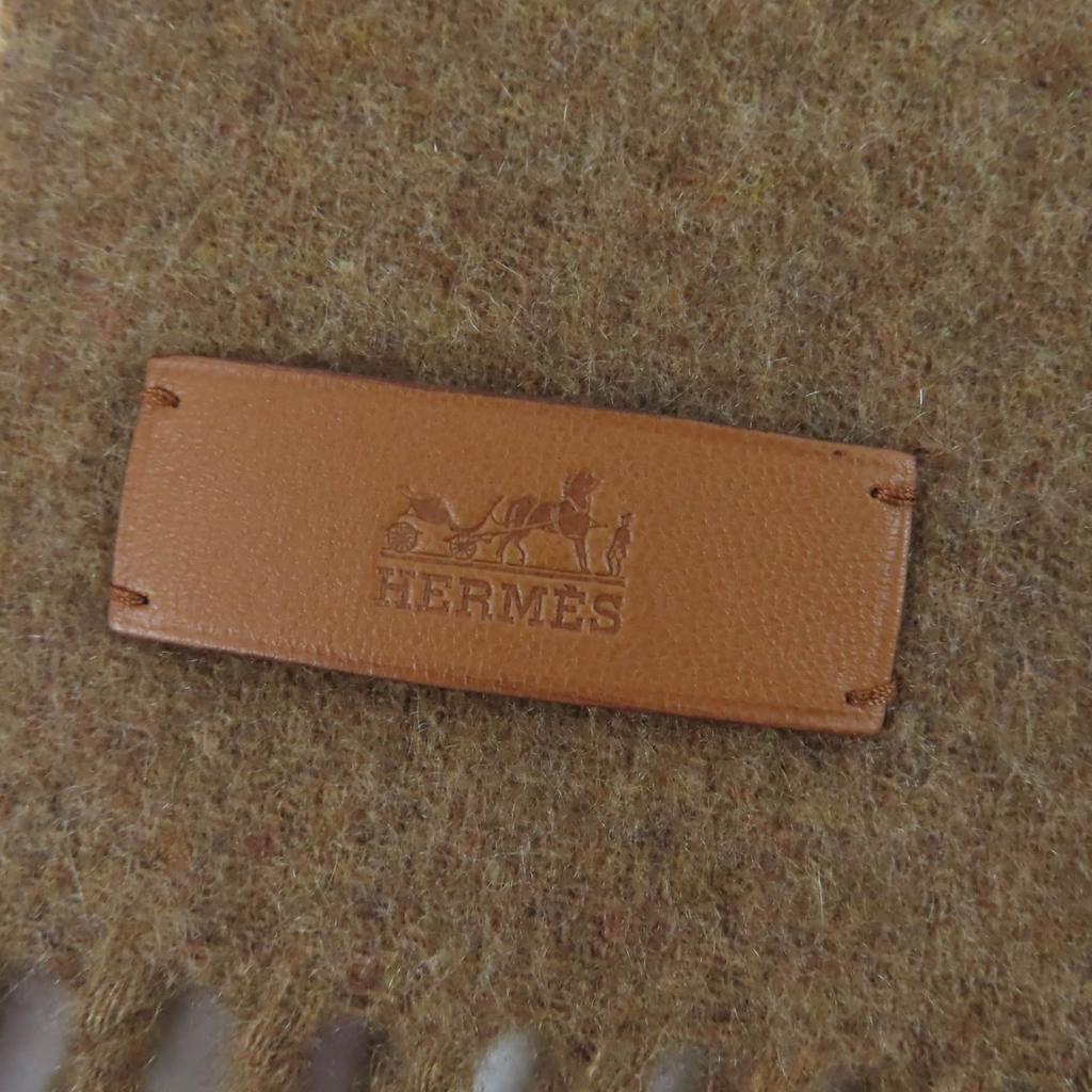 Pristine HERMES Scarf POIS CUIR Lamb leather patchwork Brown cashmere Women Used