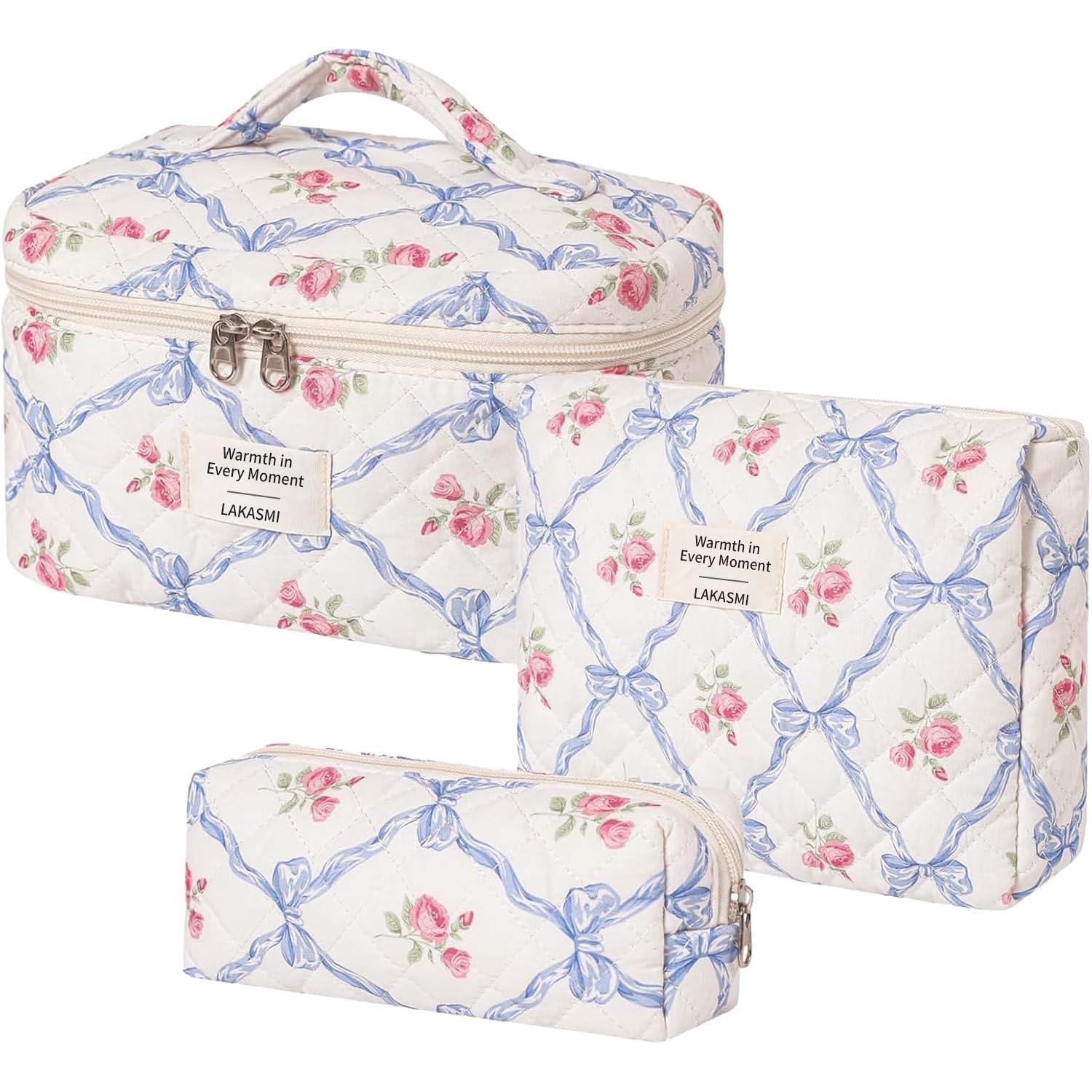 

Cotton Quilted Floral Makeup Bag Set for Women and Cute Makeup Bag with Brush Large Toiletry Pouch Gift for Toiletry Accessories and Travel Essentials