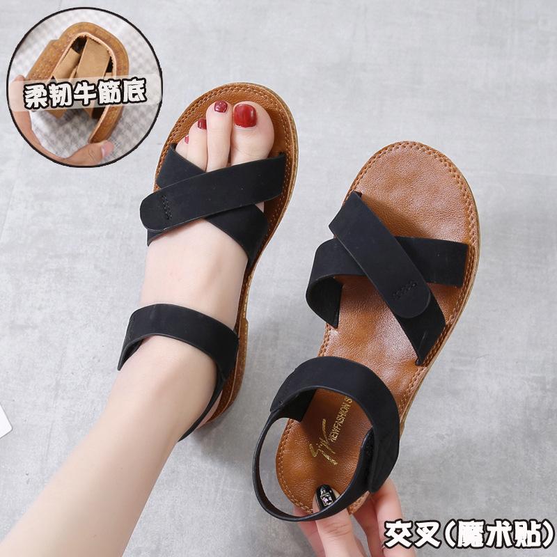Beef Tendon Sole Sandals Flats 2021 Spring New Shoes Student Roman Shoes Beach Shoes Soft Sole One-word Women's Shoes