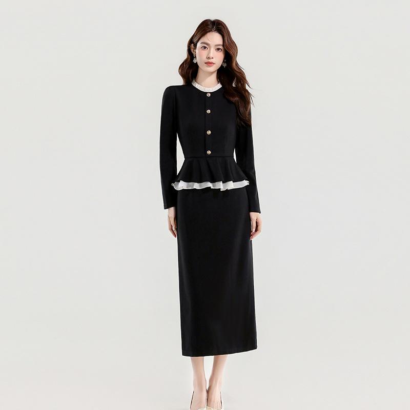 

Autumn Celebrity Style Color Block Ruffle Slimming Long Dress Extra Large чёрный