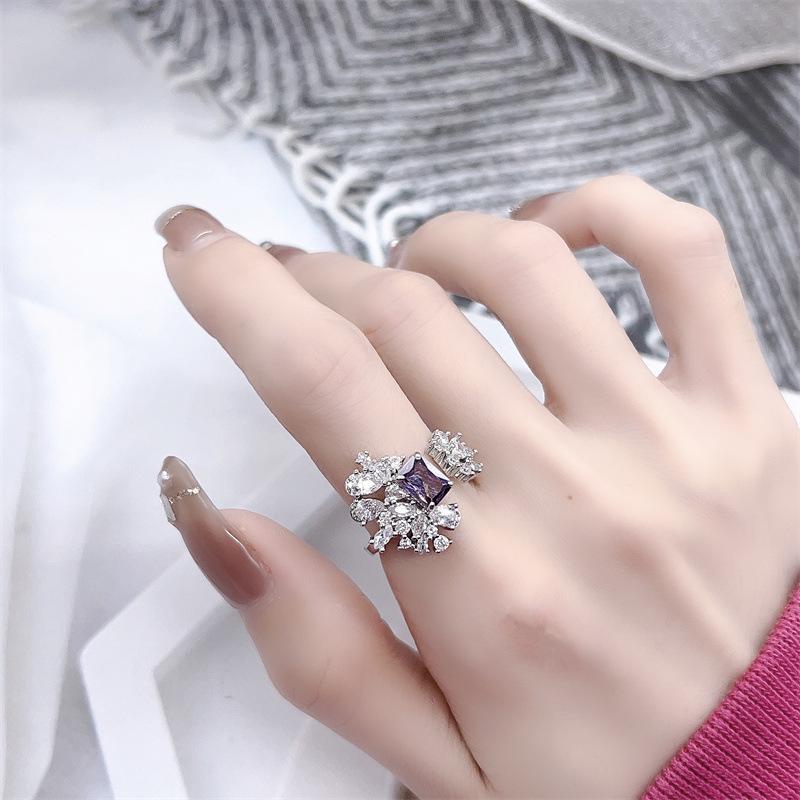 Elegant Purple Gem Flower Ring - Women s Open Design, Sparkling, Versatile & Luxurious. Adjustable
