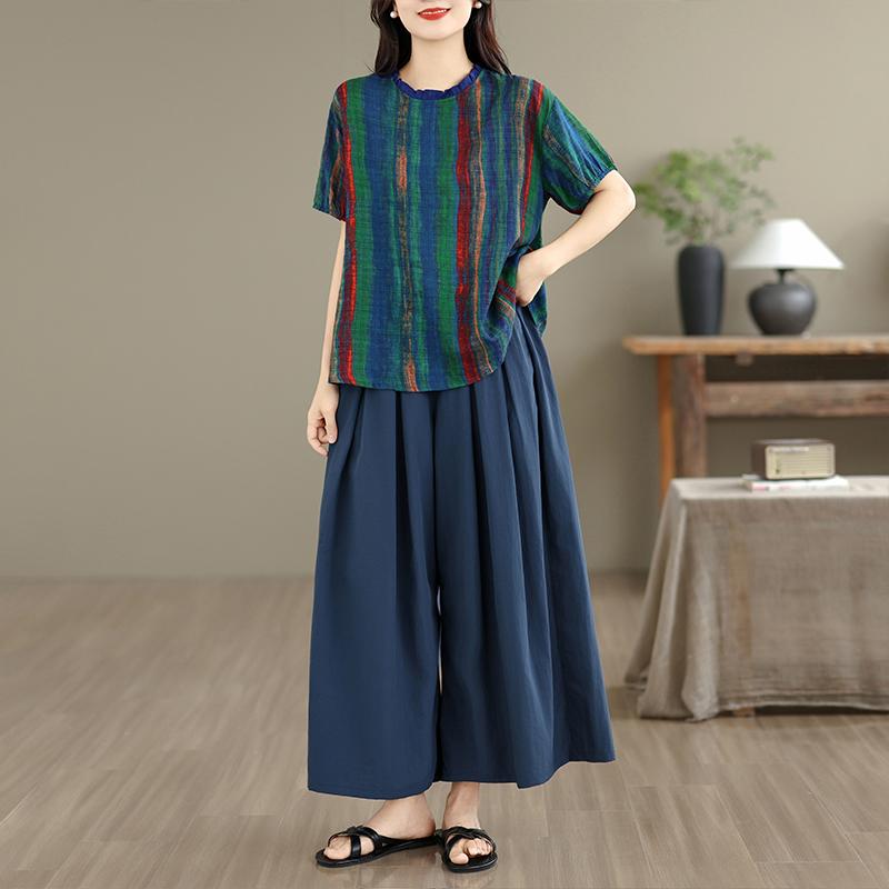 DIMANAF Plus Size Summer Pants Suits Women Sets Suits Loose Tops Shirts Long Pants Cotton Vintage Casual Clothing