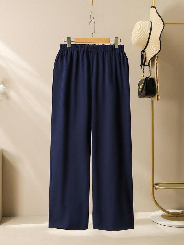 2025 Plus Size Lace Patchwork Two-Piece: Long Sleeve Shirt & Wide-Leg Pants Set