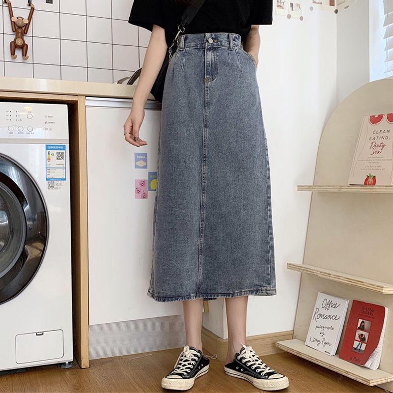 

Юбка миди из денима А-силуэта в стиле ретро с высокой посадкой, 2021: HyunA Style Утягивающее платье с разрезом Летняя коллекция XL синий/джинсовый