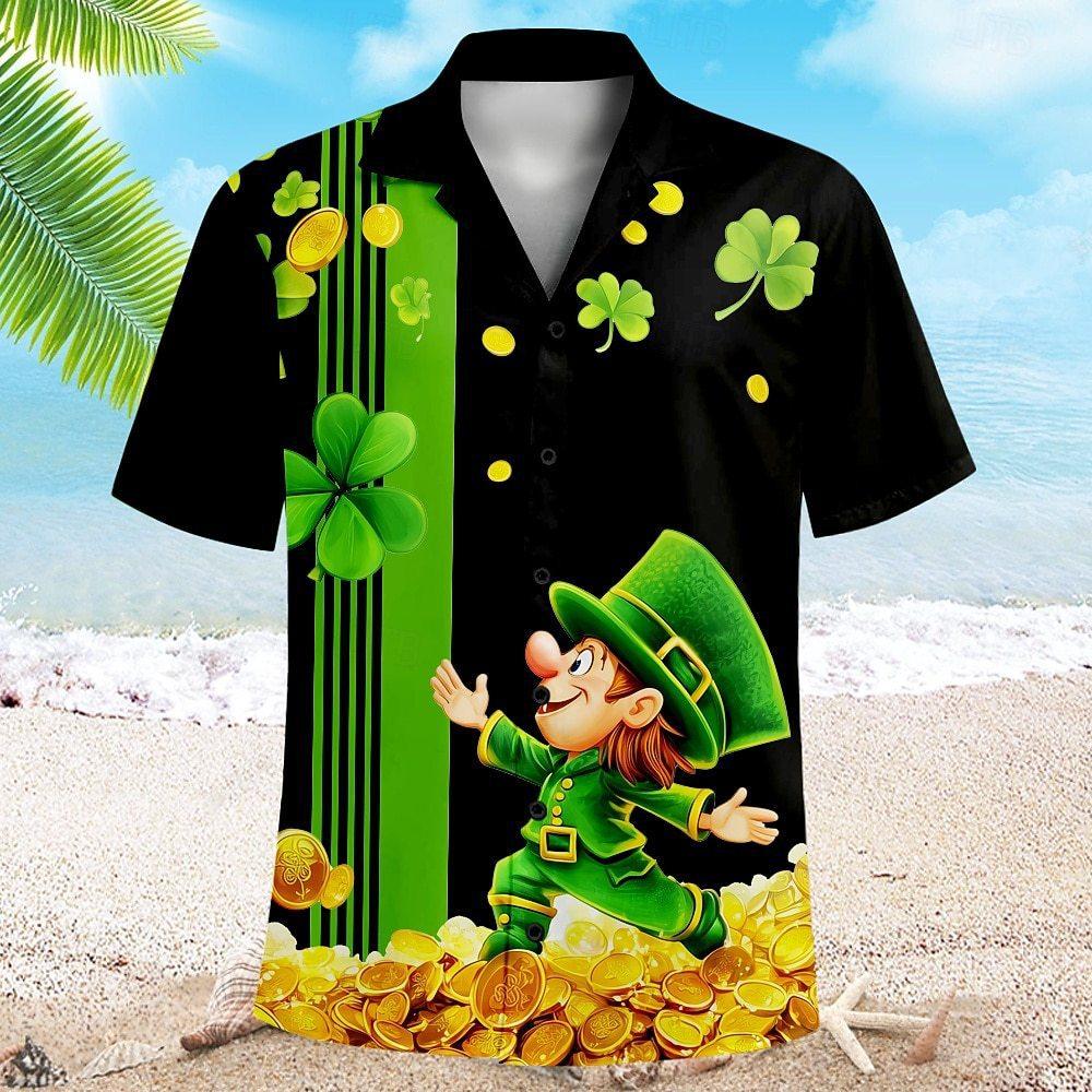 TEMU Y1 Men's Short Sleeve Cardigan Lapel Hawaiian Shirt Four Leaf Clover 1D Digital Printed Shirt