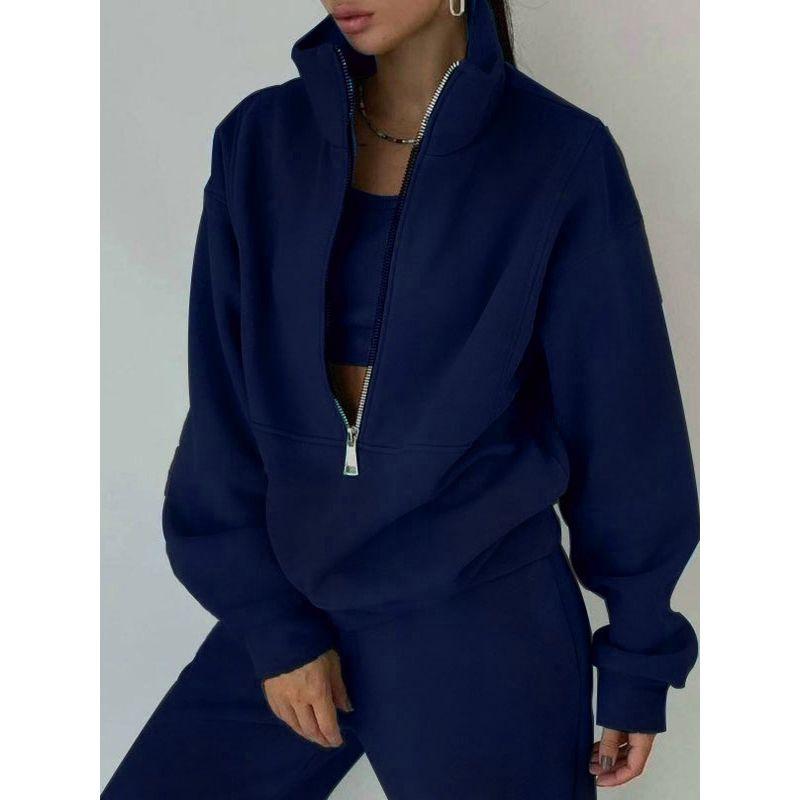 Fall and Winter New Arrival Fashion Stand Collar Zipper Fleece Loose Long Sleeve Sweatershirt Jogger Pants Pants Casual Sports Two-Piece Suit