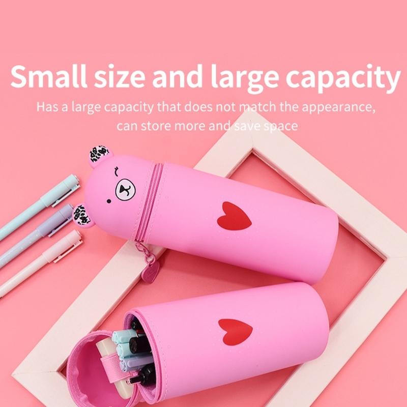 Cartoon Bear Pen Bag Large Compartment Zippered Silicone Pencil Case Standing Up Pen Holder Pencil Bag Gift for Student