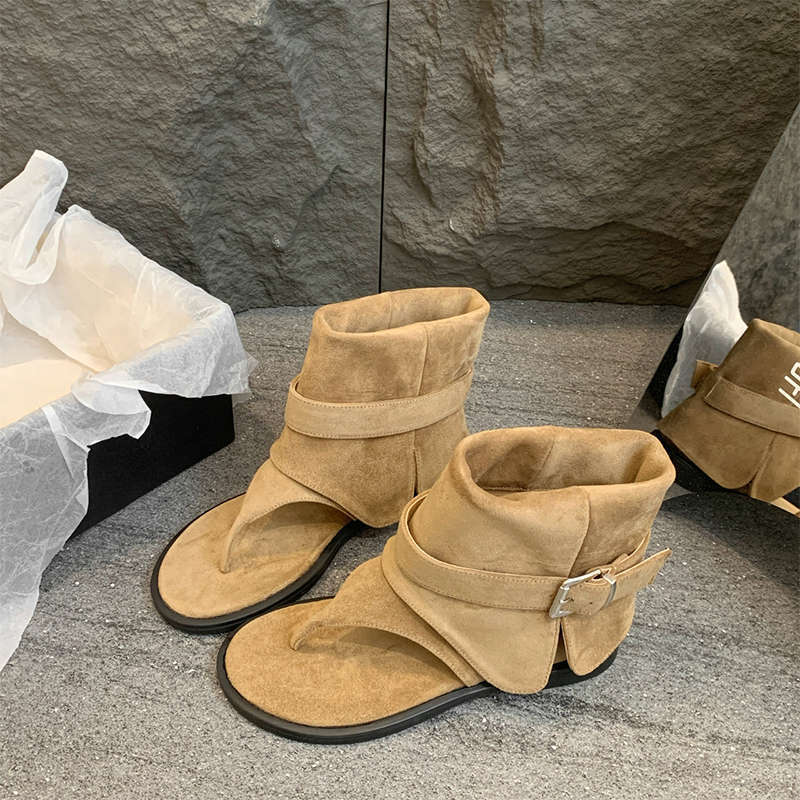 

French toe sandals women s summer 2025 new flat-bottomed cool boots sleeve trousers short boots flat flip-flops 40 хаки