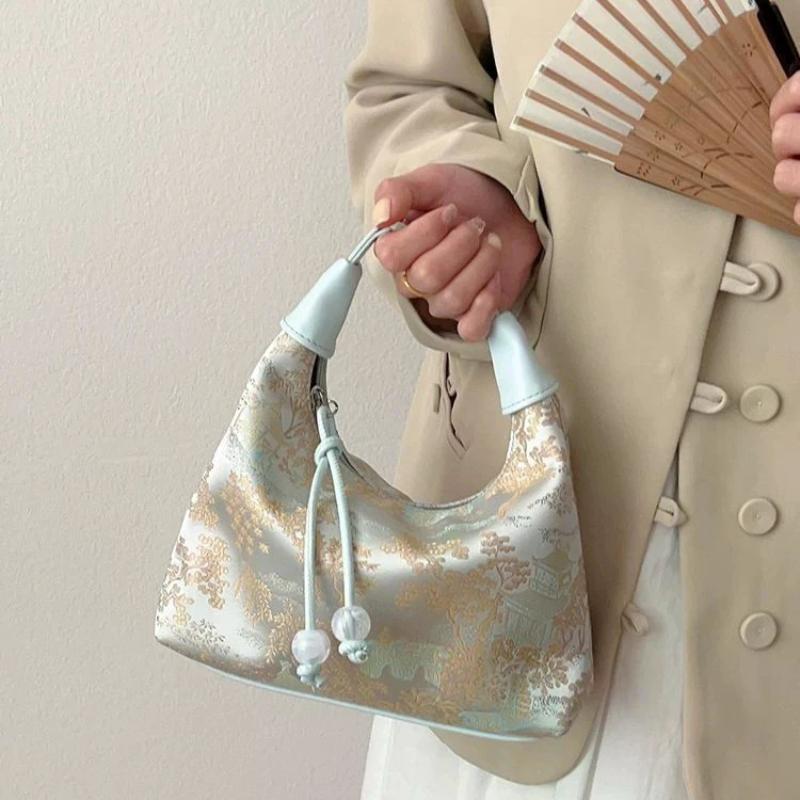 Borsa a Tote alla Moda Casual Ricamata Stile Cinese Borsa a Mano Portamonete Borsa Ricamo Hanfu Borsa a Tracolla con Zip Borsa Cheongsam Festa