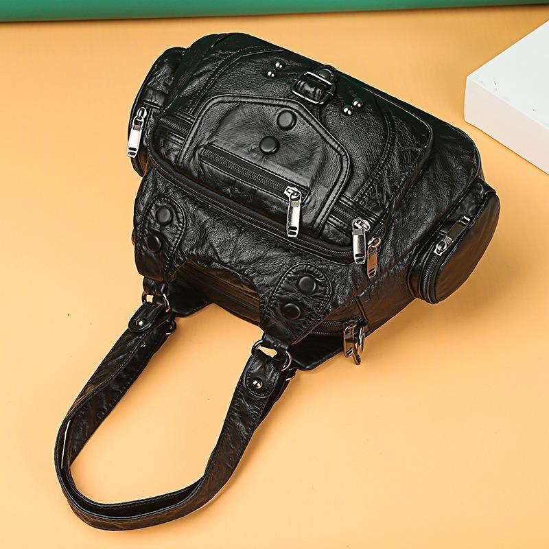 Trendy washed leather women's bag contrasting color bag shoulder crossbody portable soft leather large capacity multi-layer