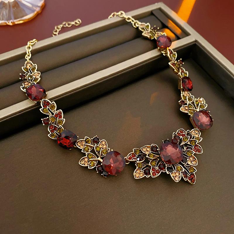 Square Leaf Earrings Choker Nacklace for Women Red Rhinestone Jewelry Sets Anniversary Gift