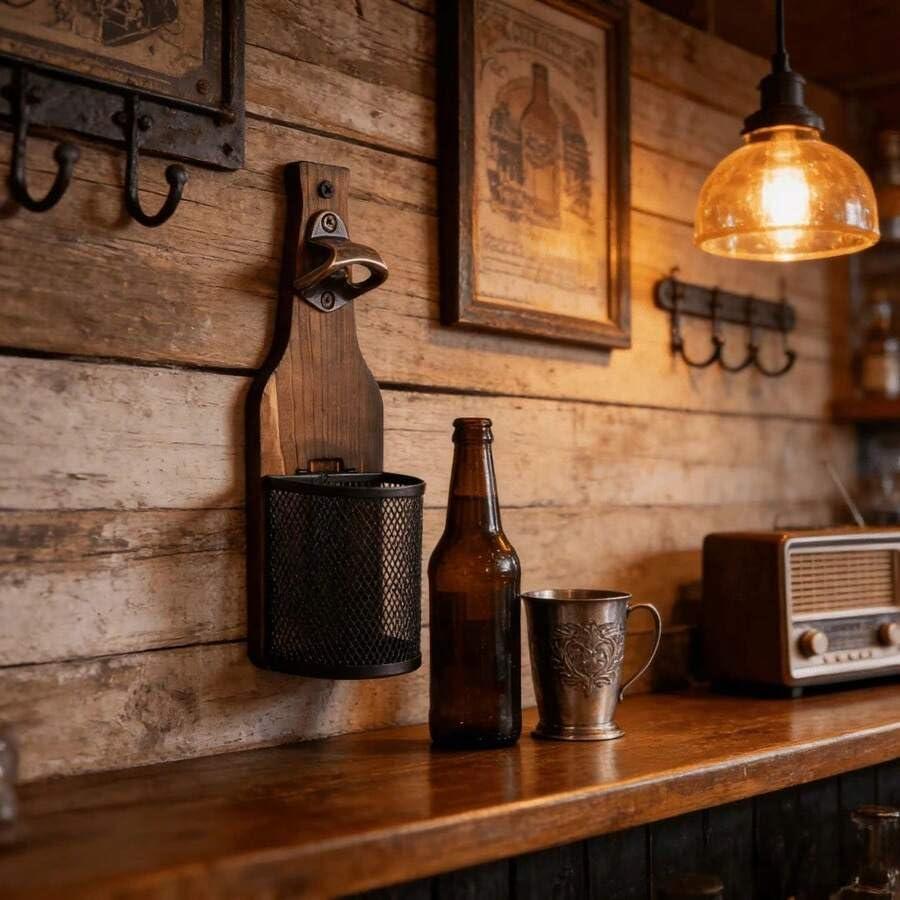 Wall-Mounted Wooden Beer Bottle Opener with Mesh Cap Catcher Rustic Bottle Opener for Home Bar Kitchen Outdoor Use Ideal Gi 6