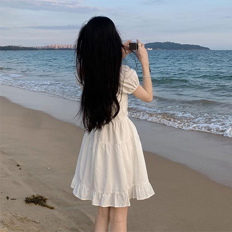 Stylish Lace Spliced Drawstring Mini Dress 2025 Summer Sweet A-Line Waist Female Clothing Solid Color Basic Puff Sleeve Dresses