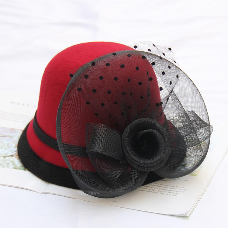 Autumn And Winter Woolen Hat Mesh Flower Women Versatile Basin Hat Bucket Hat British Retro Wedding Fashion Top Hat