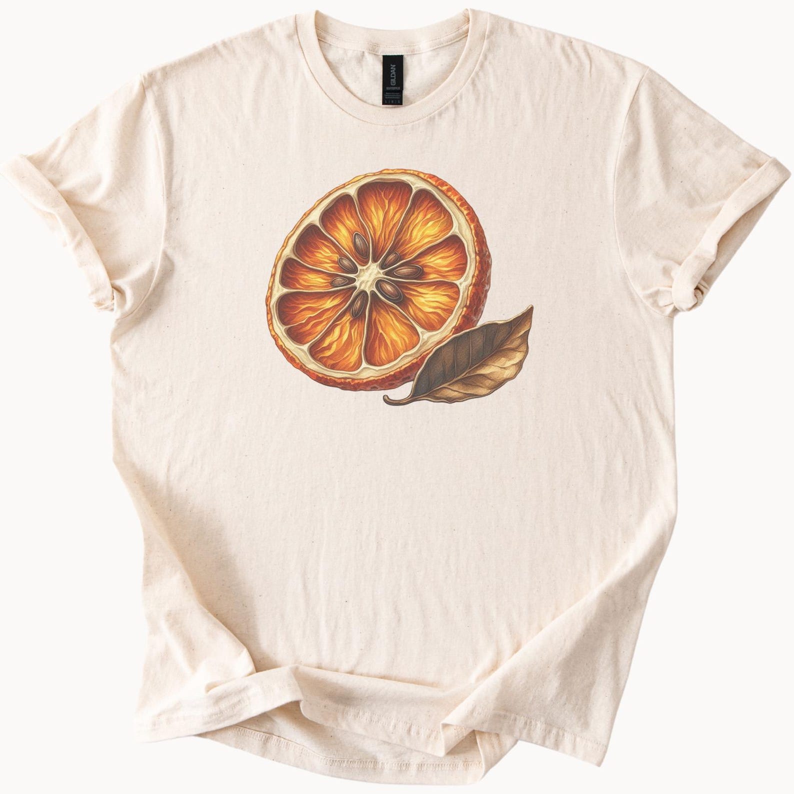 Dried Orange Slice and Autumn Leaf Graphic Tee Realistic Fruit Illustration Shirt Nature Inspired Botanical Art T Shirt 160