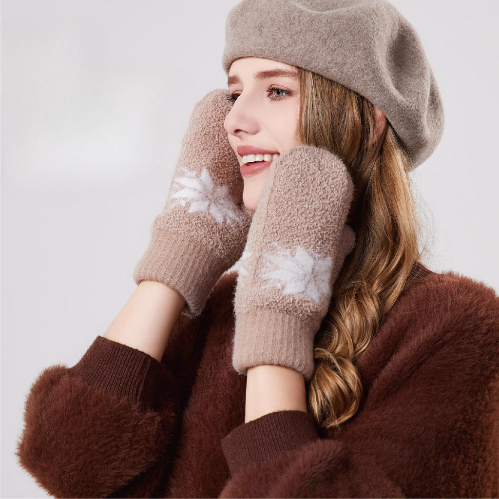 Warmth and Thick Embroidered Gloves for Women Outdoor Riding Autumn and Winter Knitted Gloves Plus Velvet Cold Proof Double Layer Finger Clad Gloves