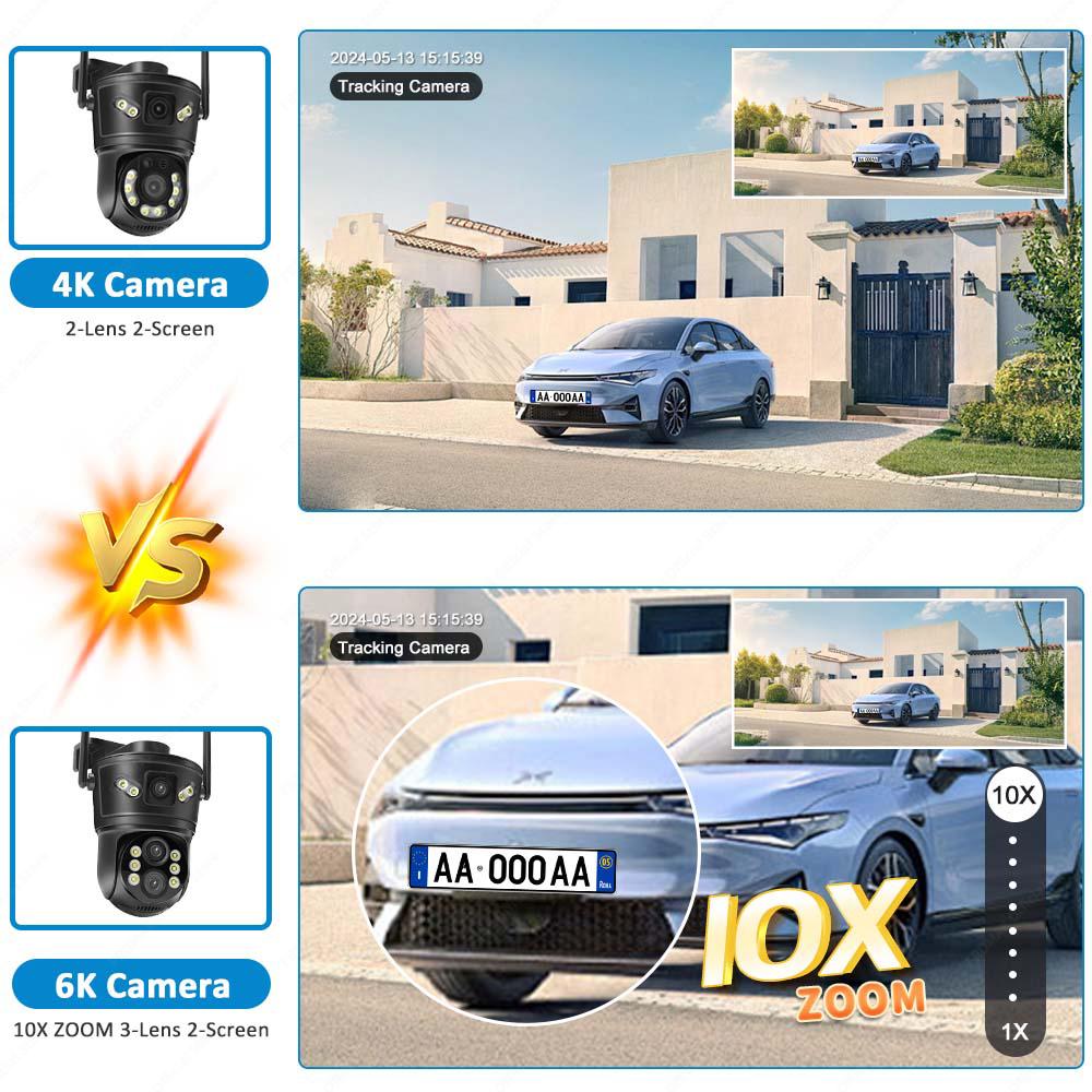 6K 12MP WiFi IP Outdoor Three Lens 10X Zoom PTZ Auto Tracking Home Security Protection 4K Video Camera