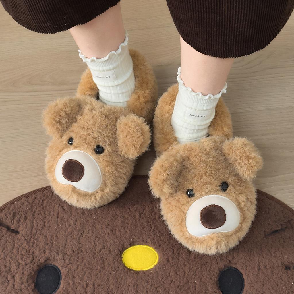 Bear fluffy cotton slippers wear 2025 new thick-soled non-slip warm cotton shoes cute plush cotton shoes