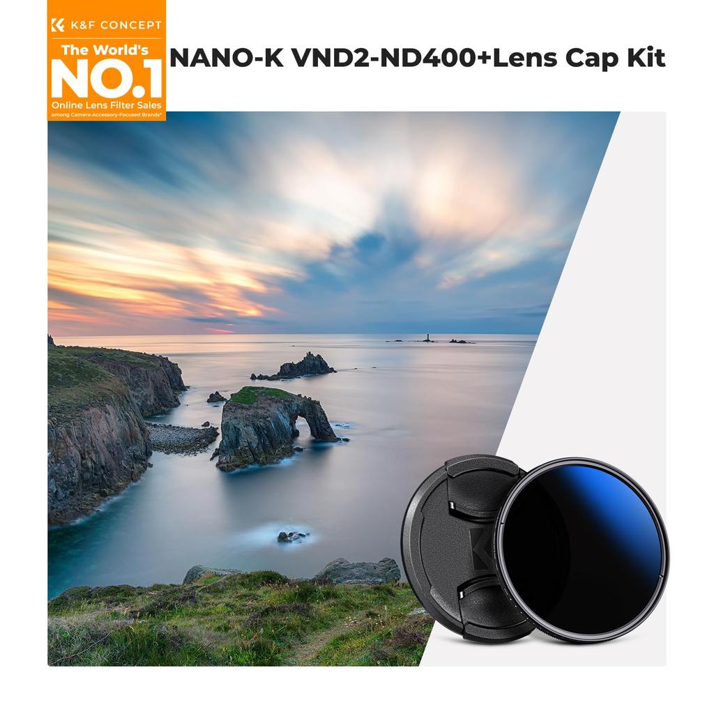 CONCEPT 67mm Variable ND Filter with 9 Levels of Light Lens Cap Optical Glass Thin and Cleaning Cloth Ideal for Video Shooting K&F ND2-ND400