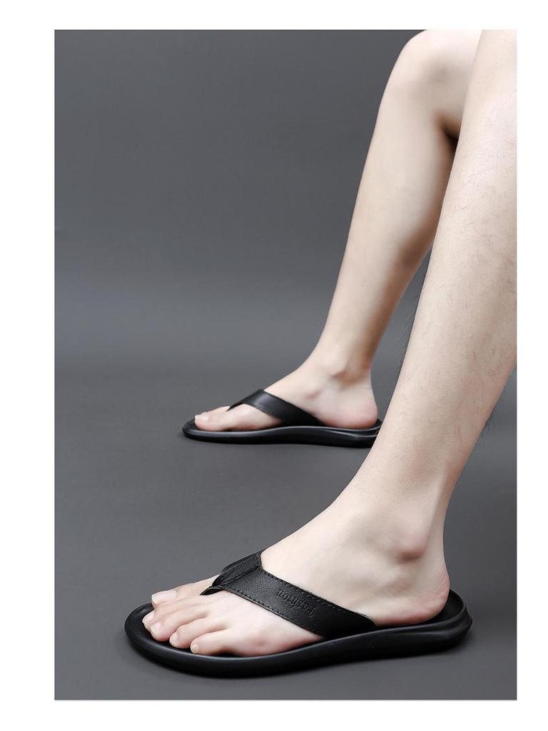 Classic Men's Cowhide Flip-Flops - Versatile Summer Toe-Post Beach Sandals