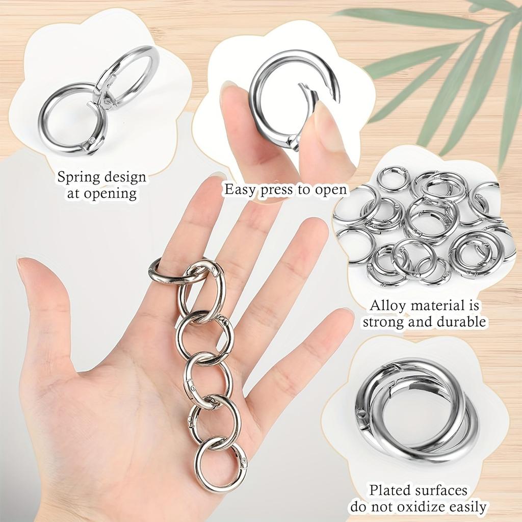 Pack of 10 Trigger Spring O-Rings, Metal Round Snap Buckles, Spring Keychain Clips for Hardware DIY Handmade Wallet Replacement with Keyring
