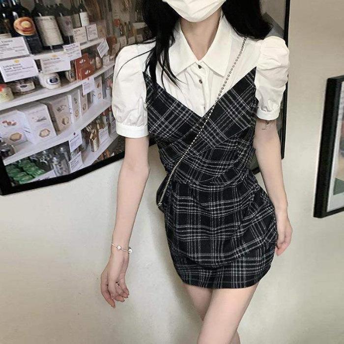 Dress women's summer new Korean version niche design sense advanced sense slim and thin fake two-piece skirt tide