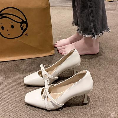 Comfort Shoes for Women Sandals Straps Mary Jane Clear Heels Shallow Mouth Suit Female Beige Square Toe Bow Elastic Band Stilet