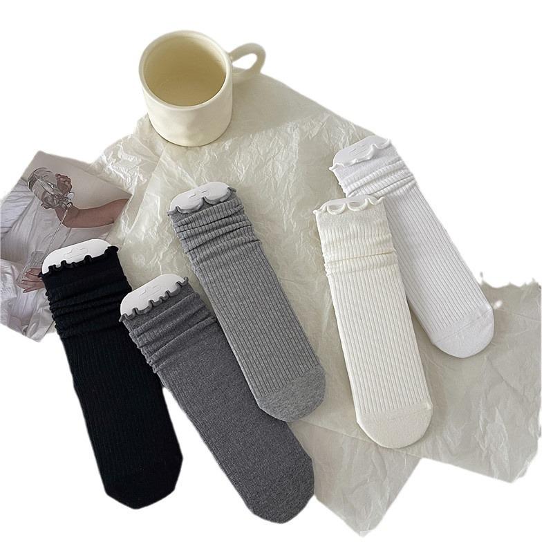 Women's Ribbed White & Gray Lace Trim Socks - Trendy Miu Style