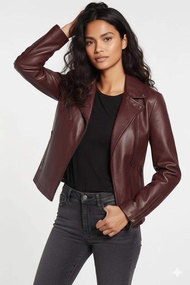 Handmade Soft Stylish Women's Biker Burgundy Lambskin Leather Motorcycle Jacket