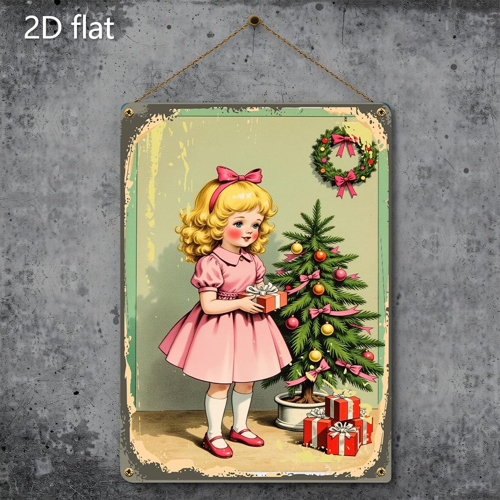 Weihnachts-Blechschild 2D Flache Wanddeko Metallplatte Hängendes Ornament Mädchen