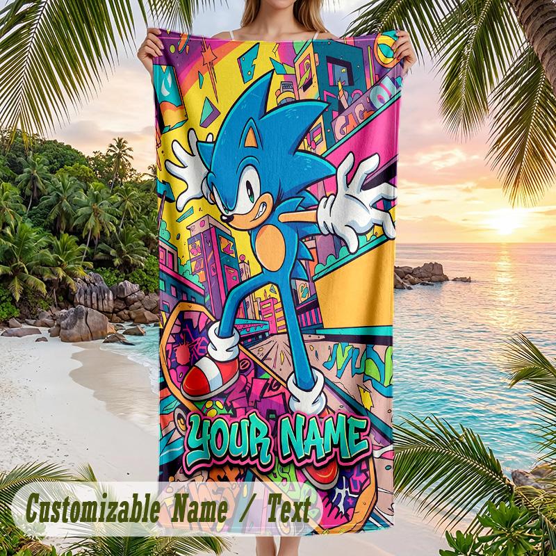 Sonic Beach Towel, Personalized Custom Text, Quick Dry Soft Large Towel For Swimming Pool Travel