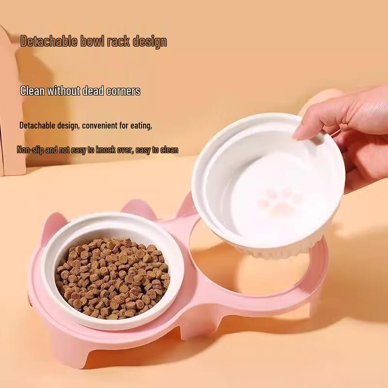 JINGRUIXIANG Ceramic Double Cat Bowl with Anti-Leak Rack