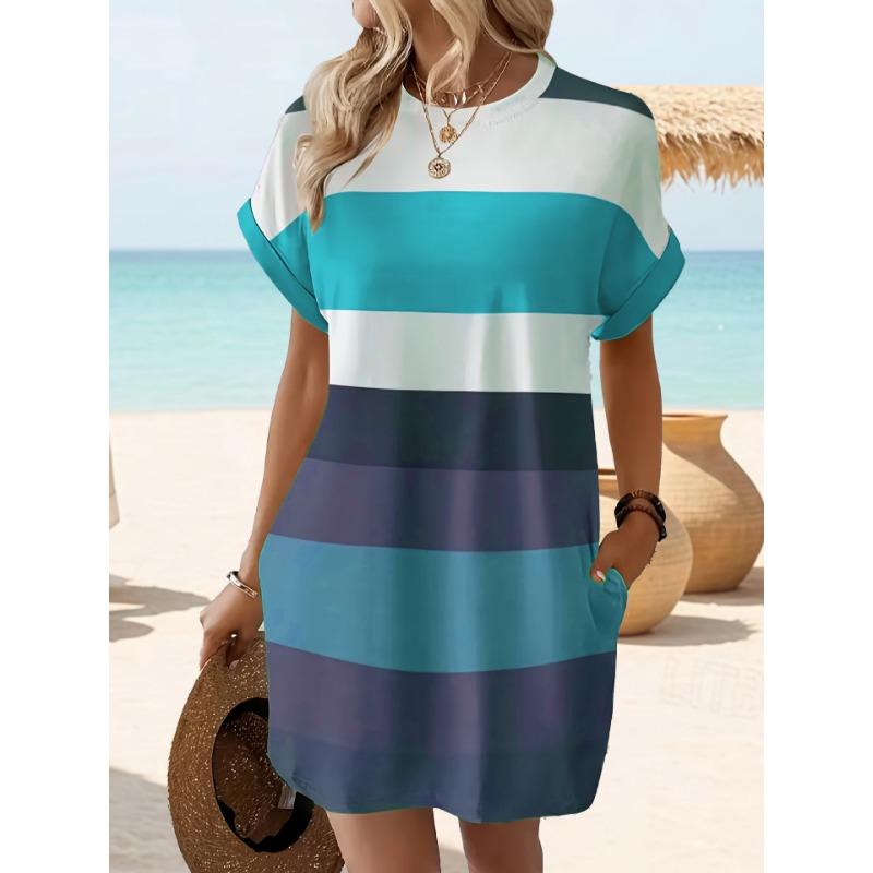 

DAFIFY Модные женские летние весенние платья с коротким рукавом и принтом в стиле колор-блок, с круглым вырезом и свободной талией, повседневные XL